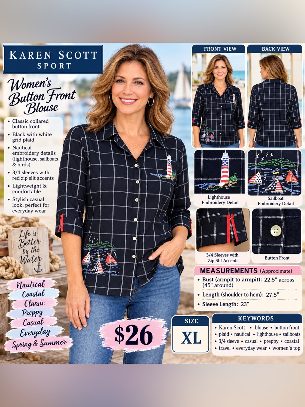Karen Scott Navy Windowpane Button-Down Shirt with Nautical Embroidery